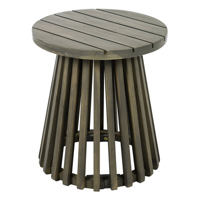 Modern Outdoor Wood Side Table With Grey Finish, 15.47 - Inch Diameter, Distinctive Base Design Rustic Coffee Surface, Suitable For Poolside Lounging