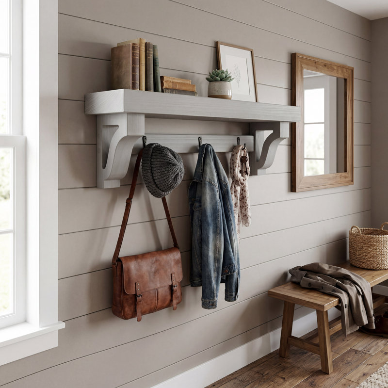 Rayne Medium Wall Mounted Coat Rack with Shelf 2 Hook, 18/6/6, Gray