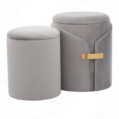 Contemporary Nesting Ottoman Set Velvet With Gold Metal Accent Pieces