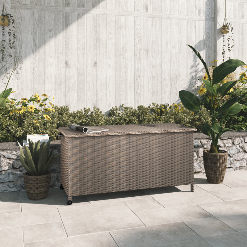 Blue Elephant 132.7cm W 408.8L Water Resistant Wicker Deck Box with Wheels, Brown