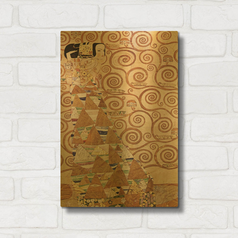 «Expectation» par Gustav Klimt, art mural en métal doré, 12 po x 16 po, 12 po x 16 po
