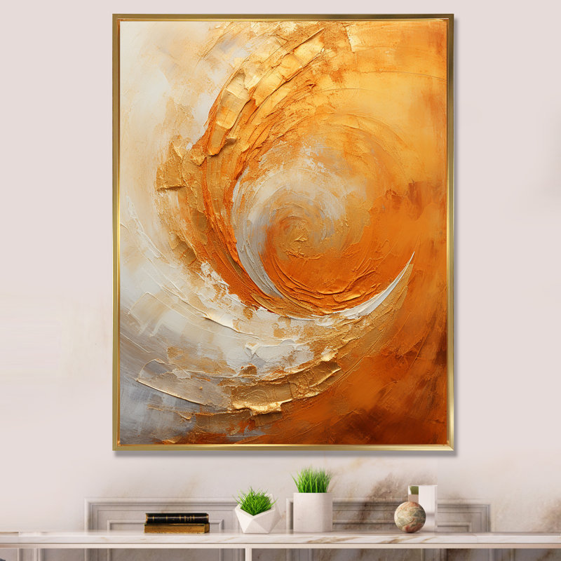 «Gold Orange Desert Mirage Spiral II - Abstract Spirals», art mural sur toile, Cadre flottant doré