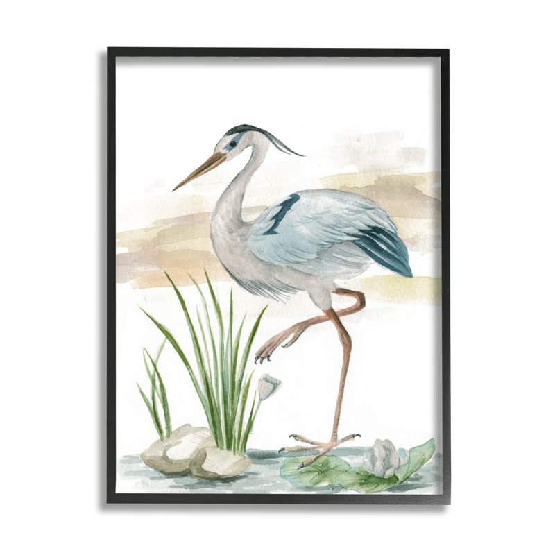 «Heron On Pond», peinture par Melissa Wang, Giclée encadrée noir minuit, H 14 po x l 11 po x P 1,5 po