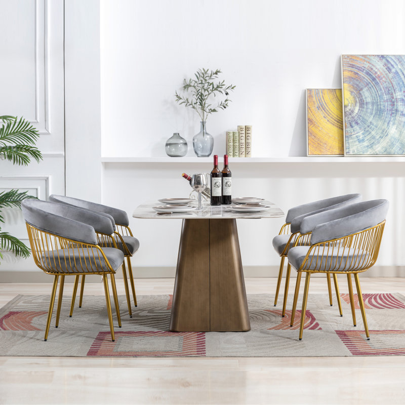 Modern Mid Century Dining Chair, Upholstered Velvet Dining Room Chairs with Metal Legs for Makeup/Living Room, Gray