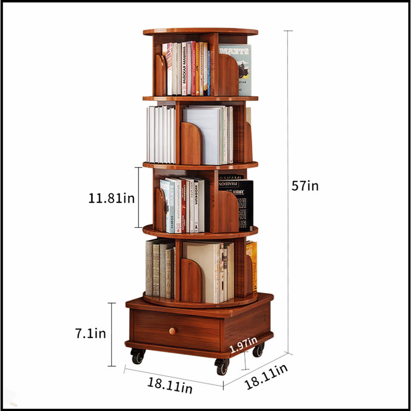 Rotating 360-Degree Corner Bookshelf With Drawer, Space-Saving Organizer For Small Rooms And Modern Decor, Walnut Brown
