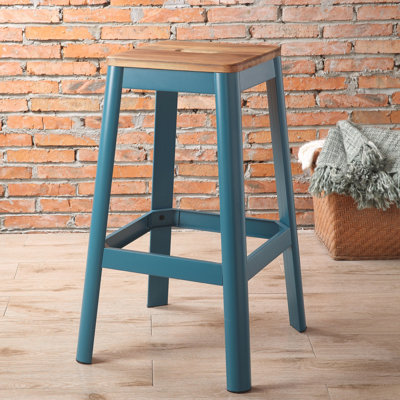 Natural And Teal Armless Bar Stool With Crossbar Support, Perfect For Rustic And Modern Kitchens Alike
