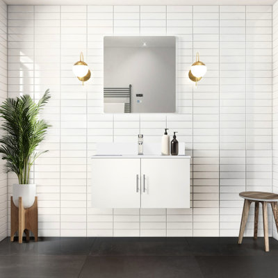 Miroir DEL de 91 cm avec meuble-lavabo blanc brillant et surface en quartz - Spacieux, résistant aux rayures et aux marques, comptoir de 56 cm de largeur x 56 cm de profondeur, grand espace de rangement, durable
