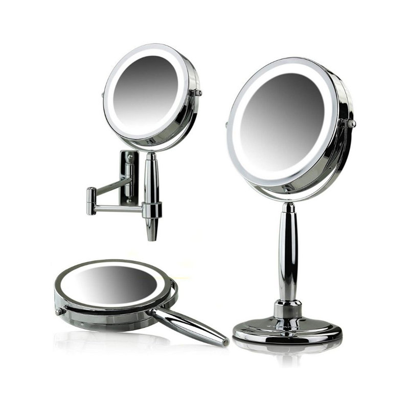 OVENTE 7'' Lighted Makeup Mirror with 1X/8X Magnification, Cordless Multi-Functional Round Vanity Mirror with 360° Swivel Design, Double Sided and Three Toned LED Lights, Polished Chrome MFM70CH1X8X
