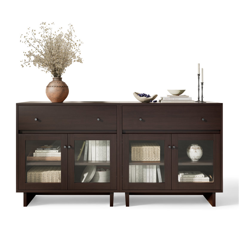 Buffet Almaguer de 80 cm de large avec tiroir, portes vitrées et tablette réglable (ensemble de 2), noyer brun, Brun noyer