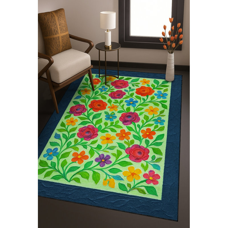 Tapis tissé à motif floral bleu marine Mosso, 4'11" x 7'7"