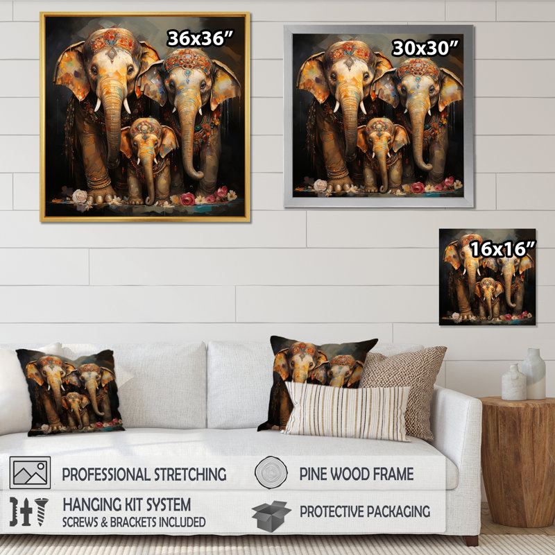 Art asiatique, éléphants thaïlandais VI - impression, Cadre naturel flottant, H 24 po x l 24 po x P 1 po