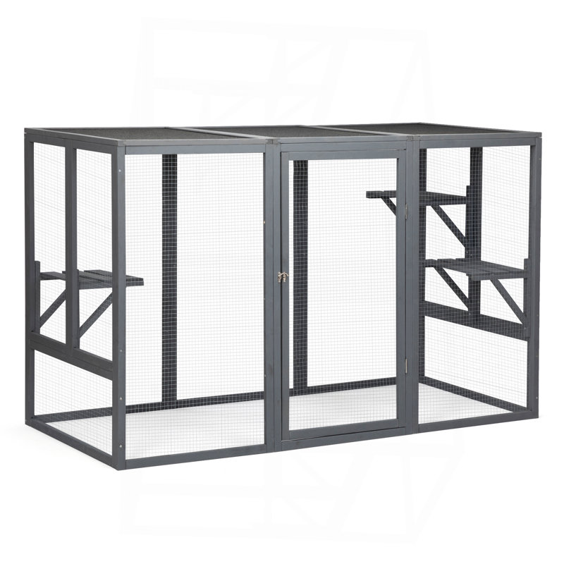 Cage à chat spacieuse en bois avec toit imperméable et pédales réglables - gris noir