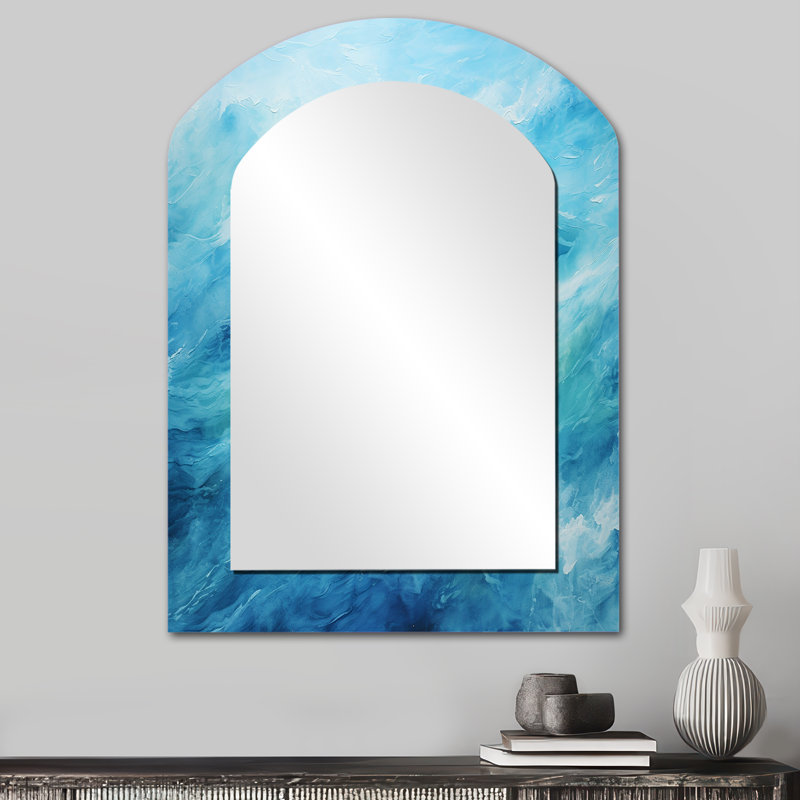 Azur bleu lagon Horizon I - miroir mural unique arche de vagues, miroir asymétrique bleu, 34 po x 25 po