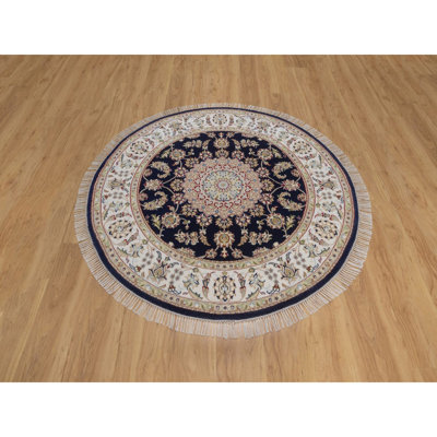 Tapis oriental rond 5 pi 2 po x 5 pi 2 po bleu nain avec motif de médaillon fleur, noué à la main, velours doux, 250 KPSI, laine et soie