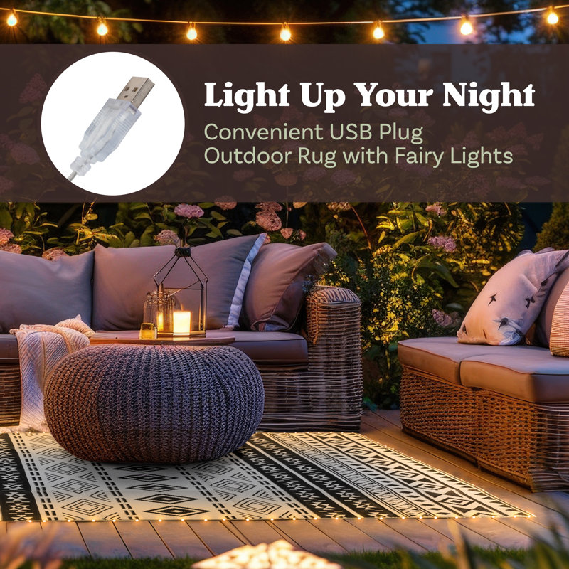 Outdoor Patio Rug with LED Lights - 8x10 Outdoor Rug - Plastic Straw Patio Mat Outdoor Waterproof Carpet - RV or Porch Decor by Pure Garden (Gray)