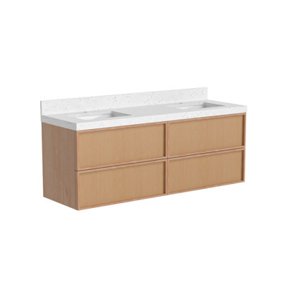 Meuble-lavabo suspendu moderne de 152 cm (60 po) avec lavabo et comptoir en quartz, tiroirs à façade tissée et dosseret.