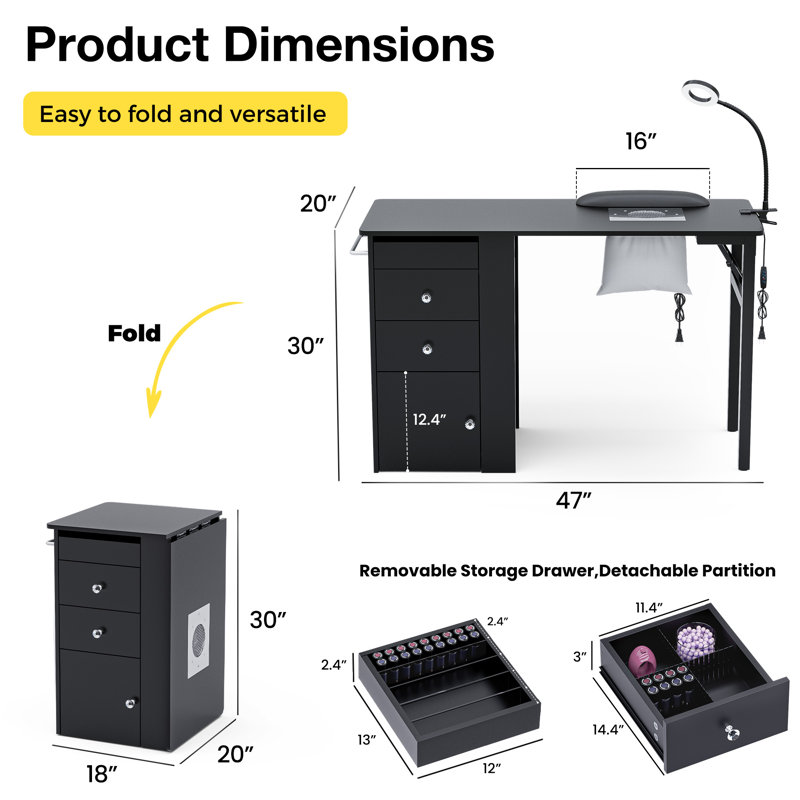 Table de manucure pliable avec coussin de poignet et station de rangement pour clou portable pour usage domestique et professionnel