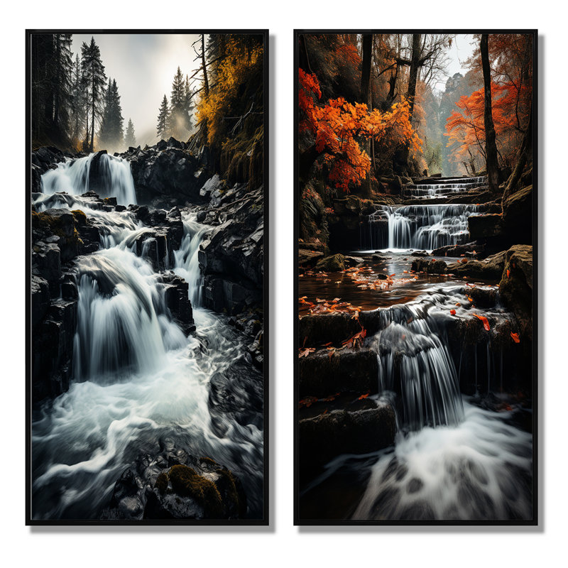 «Waterfall Dancing Cascades», 2 pièces sur toile, Cadre noir, H 32 po x l 32 po