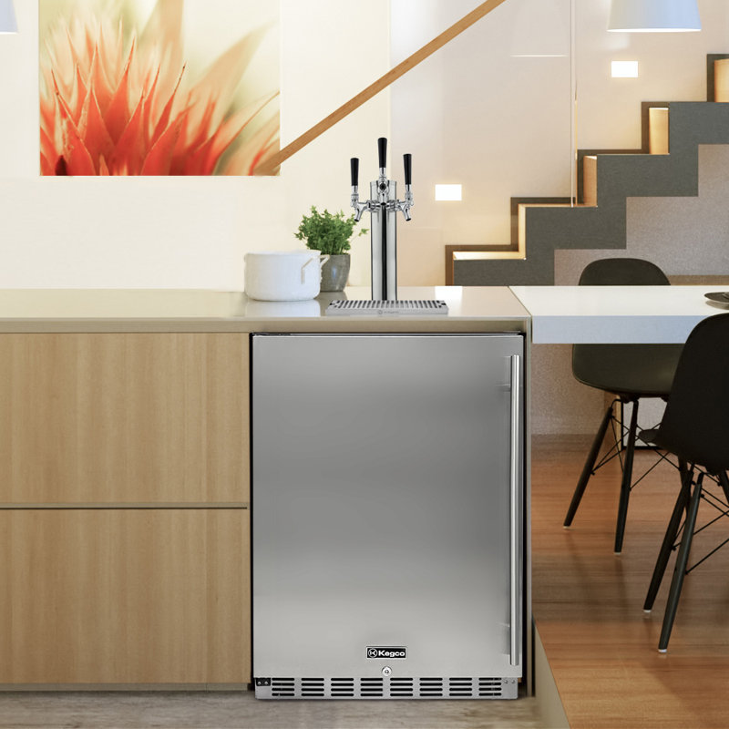 Kegco 24" Wide Triple Tap Stainless Steel Built-In Left Hinge Digital Kegerator with Kit, Left