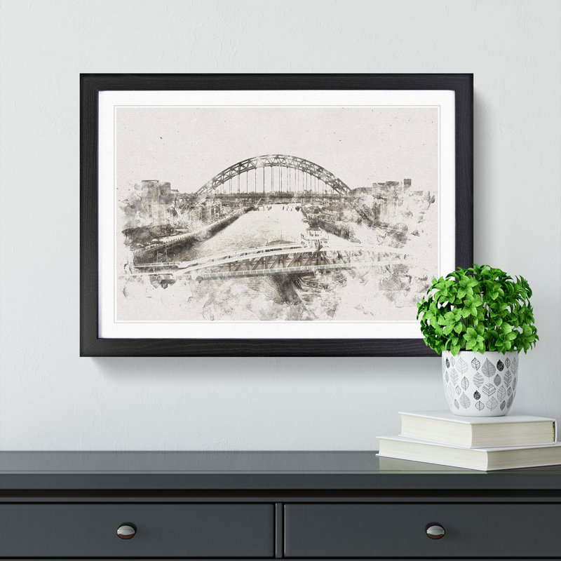 Tyne Bridge Linking Newcastle Watercolour - Framed Print, Black, 45cm H x 63cm W x 2cm D