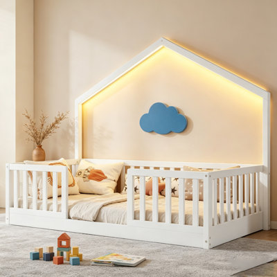 Lit simple à plancher surélevé, lit Montessori en bois avec lumière pour enfants, garçons et filles, blanc (date d’arrivée prévue le 2026/3/16)