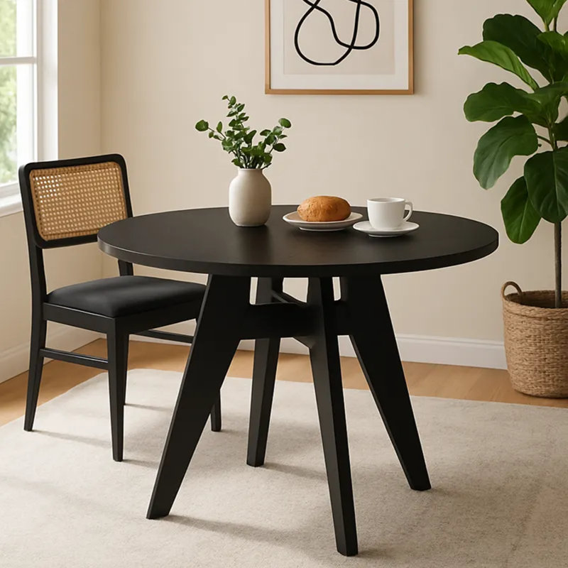 Doucoure Round Solid Wood Base Dining Table, Black