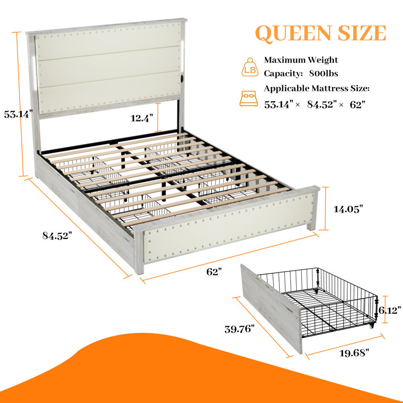 King Size Platform Bed Frame with Upholstered Headboard and 4 Storage Drawers, Blanc antique, Grand lit