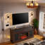 Meuble télé électrique pour foyer avec console de rangement spacieuse, conception rustique en relief, télécommande, gestion des câbles et tablettes réglables pour le salon-1227638029