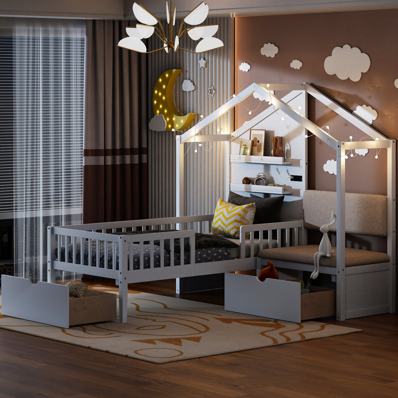 Lit simple avec rembourrage, capacité de charge, charge sans fil, tablettes, deux tiroirs pour installation de taille d'espace, croissance