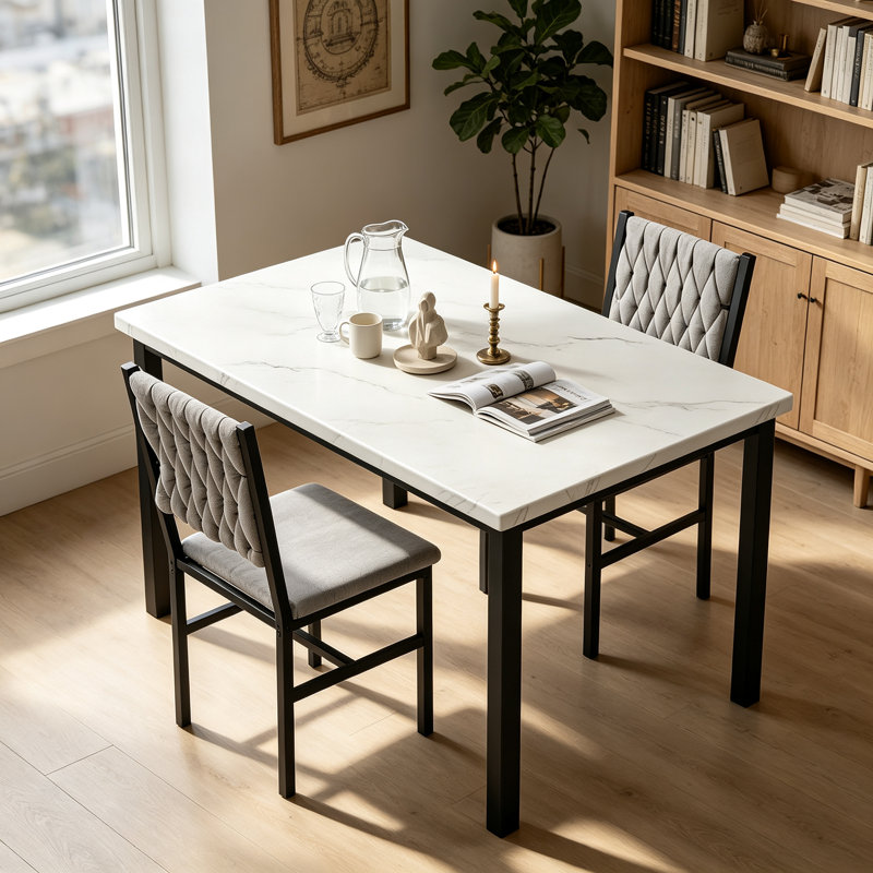 Ensemble de table et chaises de salle à manger 3 pièces, ensemble de table de cuisine en faux marbre avec 2 chaises rembourrées en velours, ensemble de 2 petites tables rectangulaires pour 2 personnes