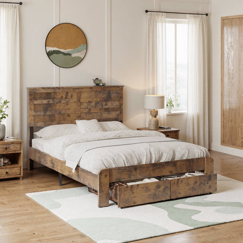 Élégante base de lit pleine grandeur avec tiroirs de rangement et ports de chargement USB - Design rustique industriel brun foncé, aucun sommier nécessaire