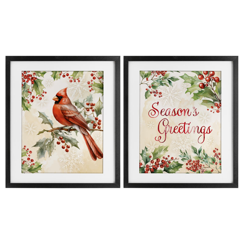 «Season's Greetings and Cardinal», ensemble de 2 reproductions encadrées sous verre, design par Nicole DeCamp