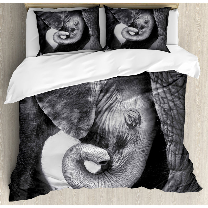 Charcoal Grey Elephant Art Queen Duvet Cover Set