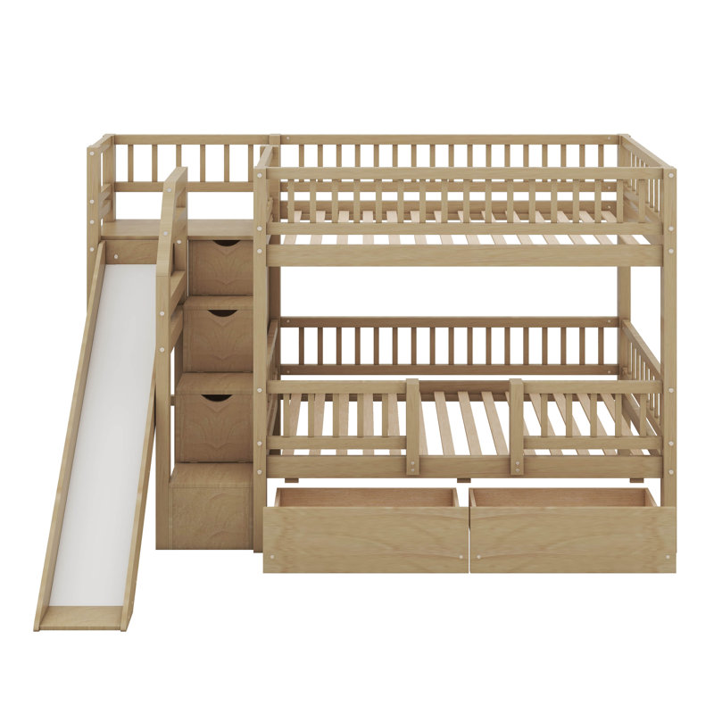 Twin Over Twin Bunk Bed With Staircase And Slide, Solid Wood Bunk Bed With Storage Drawers For Kids, No Box Spring Needed