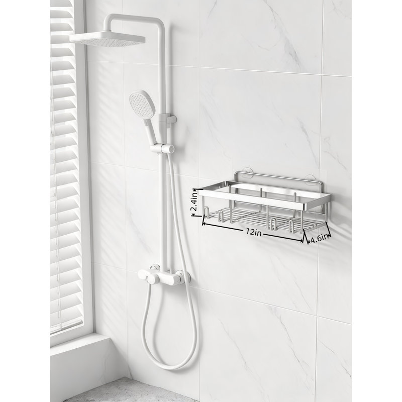 Serviteur de douche adhésif blanc avec crochets, tablette de rangement murale sans perceuse, organisateur en acier inoxydable antirouille pour les essentiels de la douche