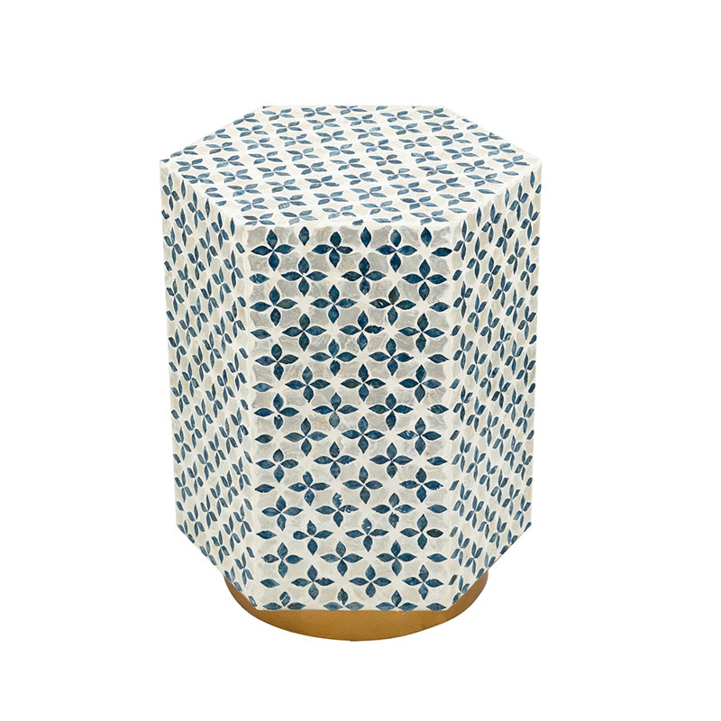 15x13x18.5" Hexagonal Accent Table with Blue Capiz Design and Gold Base