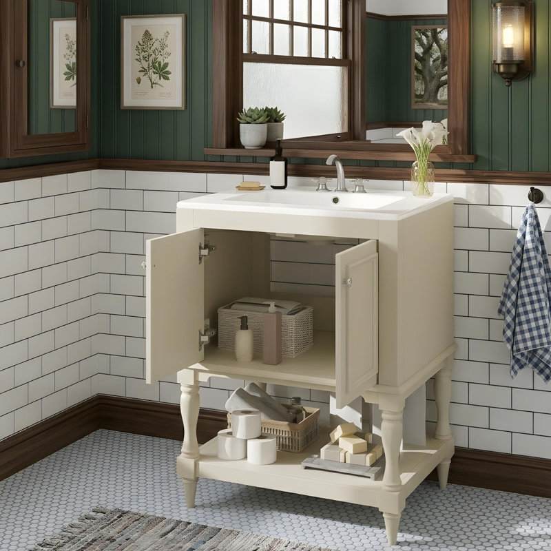 Meuble-lavabo de 24 po avec tablettes ouvertes et armoire avec portes, Beige