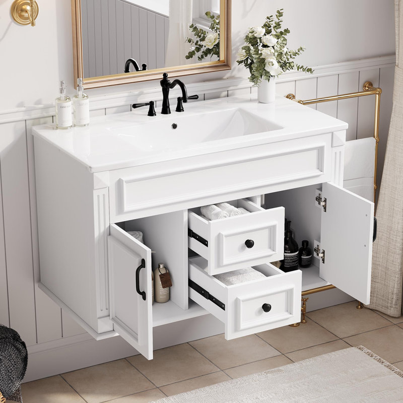 Single Bathroom Vanity with Ceramic Top, Blanc