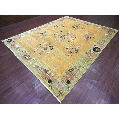 Tapis oriental doré 9 pi 1 po x 11 pi 6 po brun Peshawar d'inspiration art déco, laine douce et brillante, teinture végétale, noué à la main