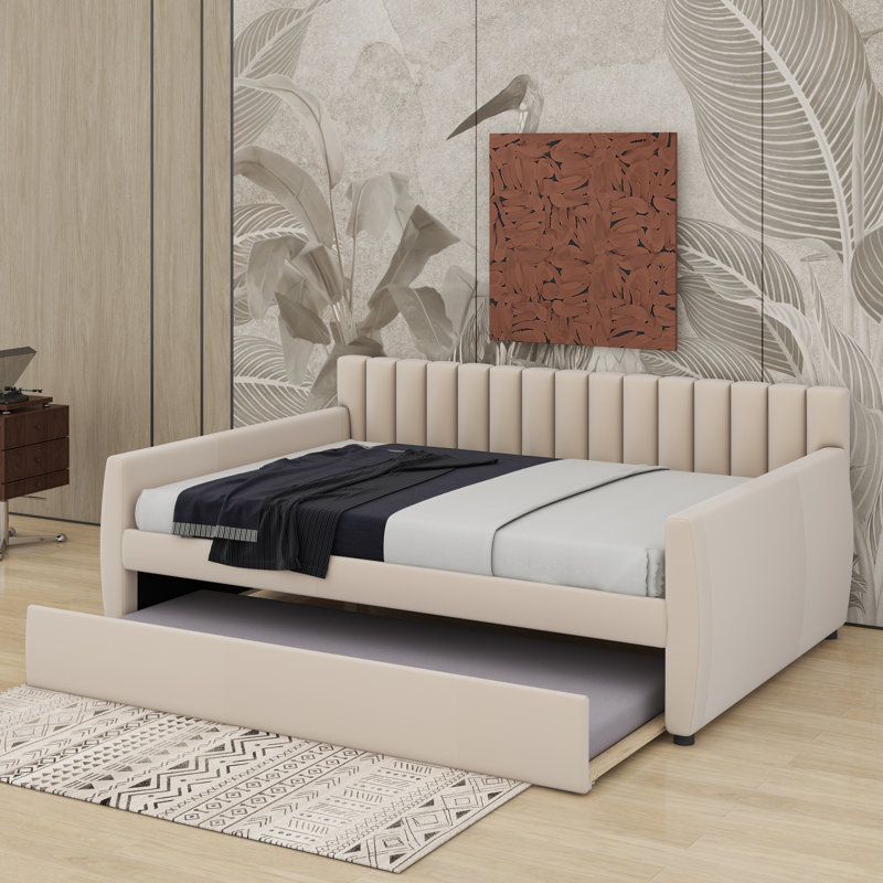Lit de jour double avec lit gigogne, Beige, Double
