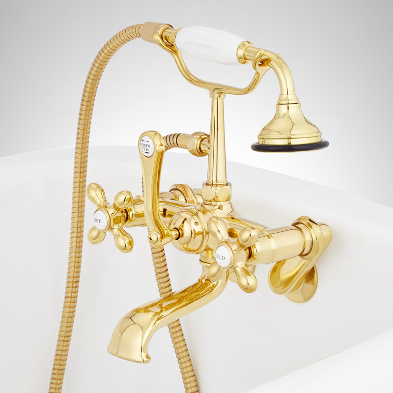 Telephone Style Tub Wall Mounted Faucet with Cross Handles, Polished Brass