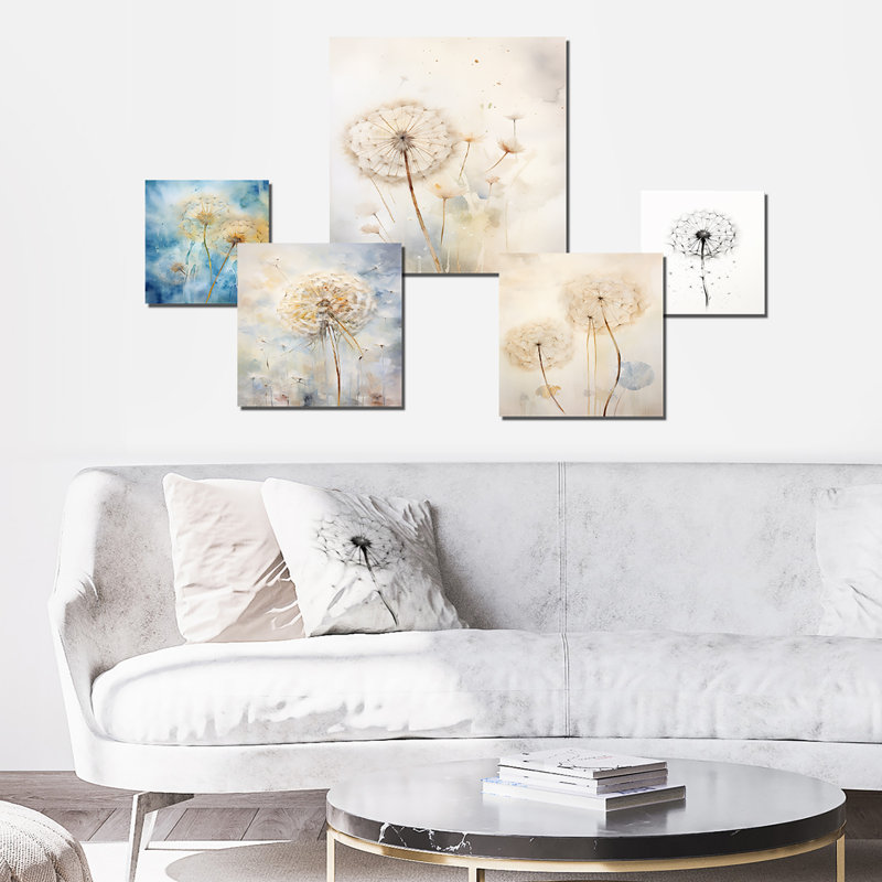 Blue Dandelion Dreams - Ensemble de 5 décorations murales de pissenlit