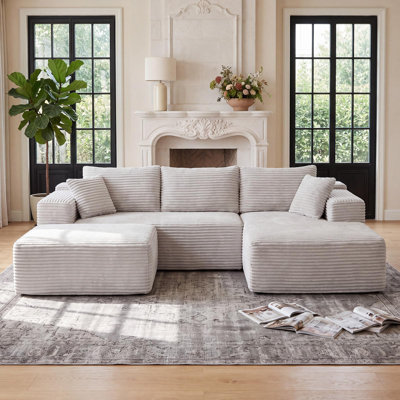 Canapé d'angle moderne en forme de U avec double méridienne et pouf, en velours côtelé et mousse comprimée 30D, aucun assemblage requis. Sofa confortable pour salon ou appartement.