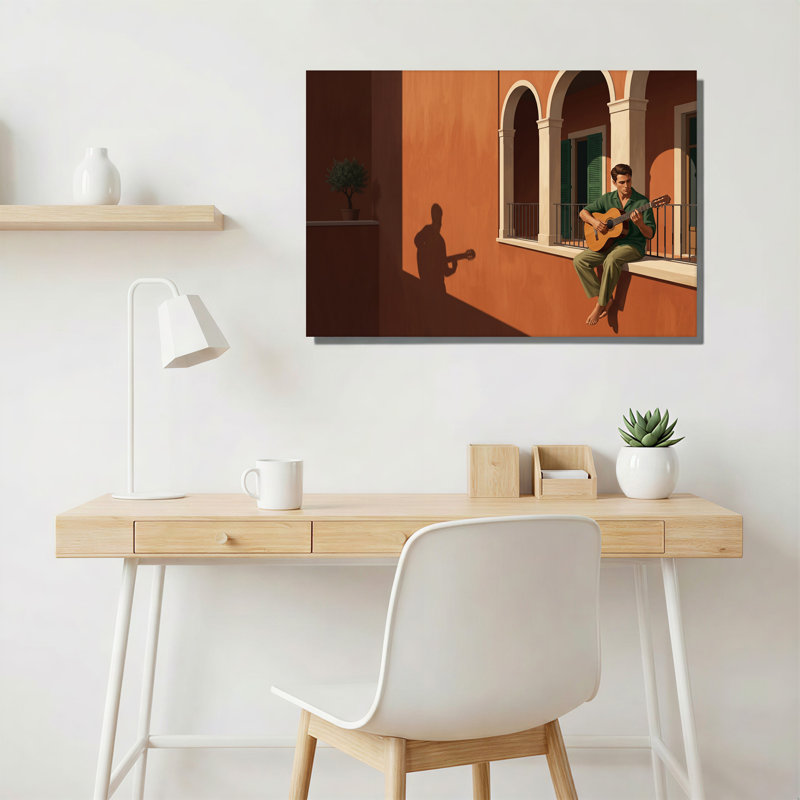 Musicien jouant de la guitare sur un balcon en terre cuite ensoleillé, 16"H x 24"W