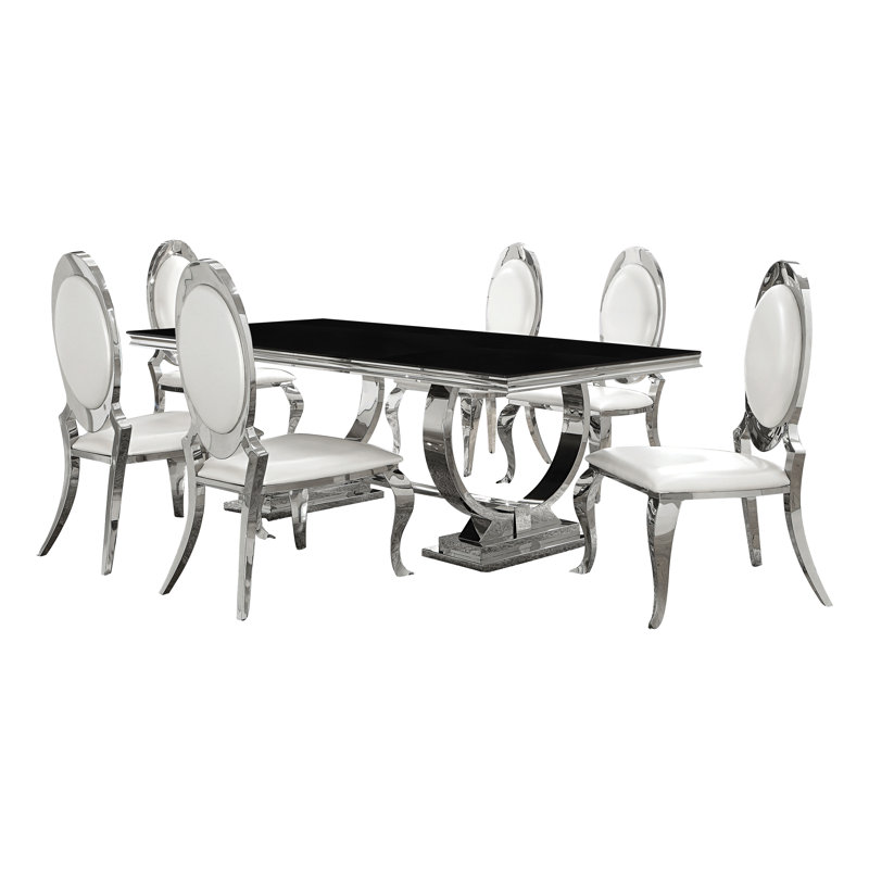 Kemia 7 - Piece Trestle Dining Set, Black, Cream, 45"H x 21.85"W x 27.9"D