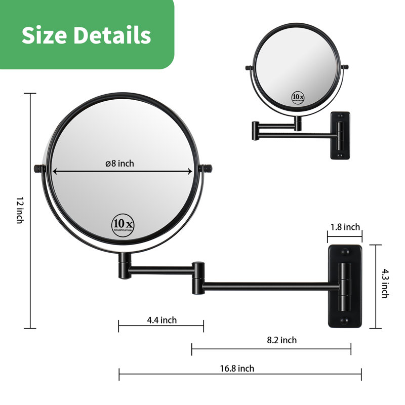 Wall Mounted Magnifying Mirror 8 Inch, Makeup Double Sided Vanity Mirror For Bathroom, Black, 12" x 16.8", 10X