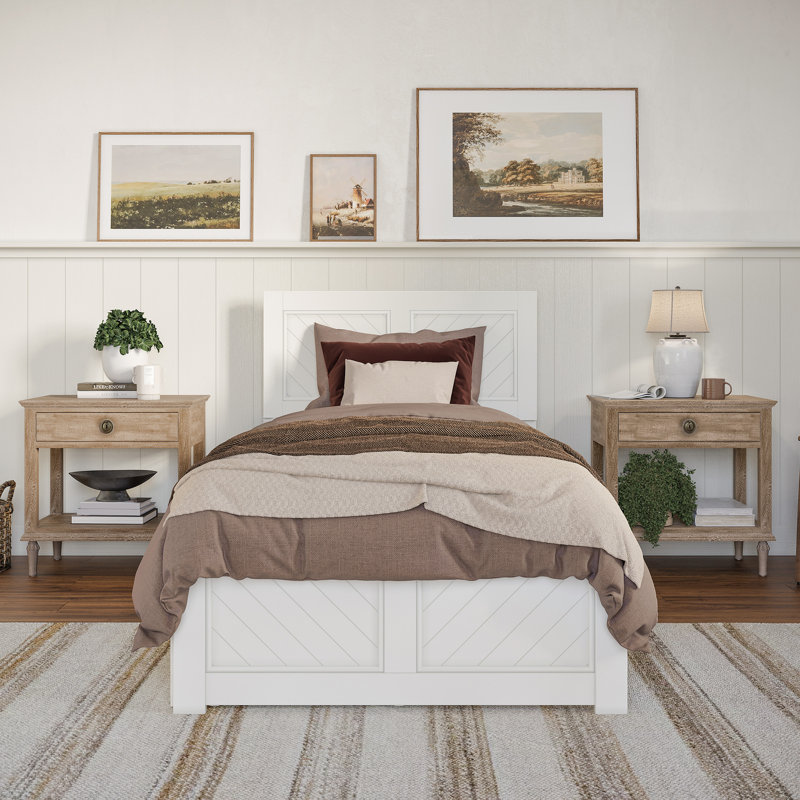 Lit plateforme en bois massif Jeinny avec pied de lit et tiroirs de rangement assortis, Simple TG, Blanc