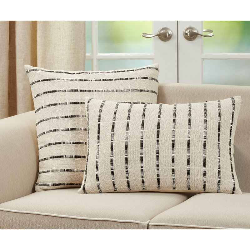 Natural Ivory and Black Striped Cotton Square Throw Pillow, 22"