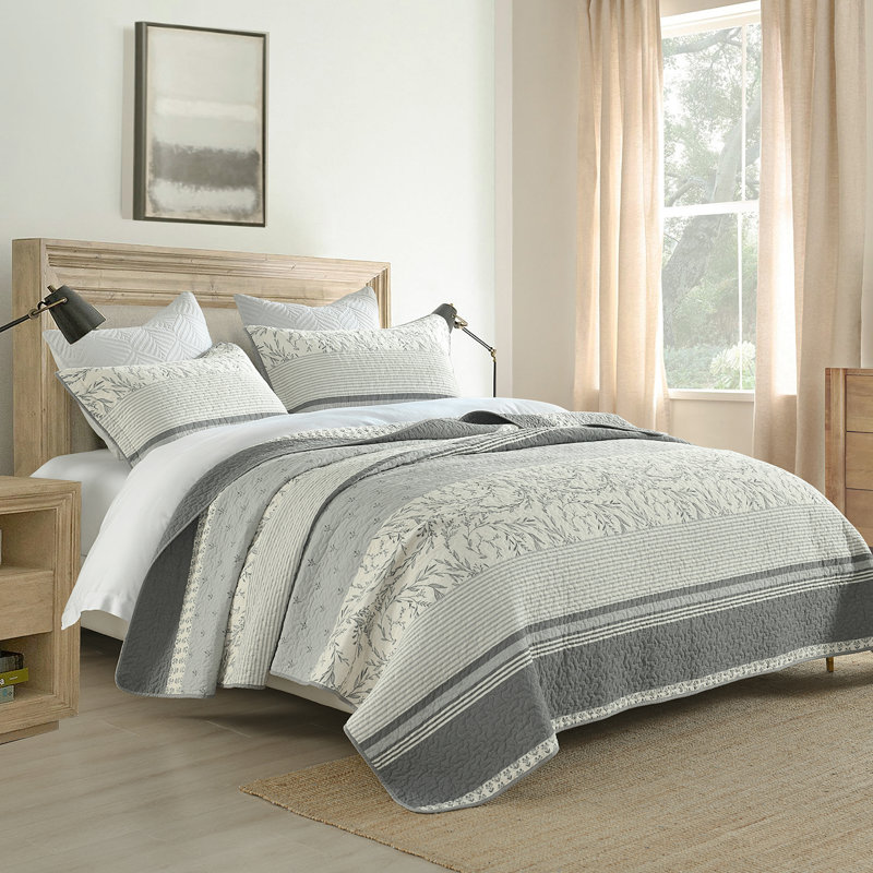 Ensemble de courtepointe en coton, Grand lit, Gris, blanc / rayé