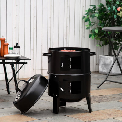 31 Fumoir barbecue au charbon de bois - Barbecue rond de 16 po avec deux espaces de cuisson et thermomètre pour le camping en plein air, le pique-nique, les grillades dans la cour, l'utilisation d'acier inoxydable de qualité alimentaire noir,